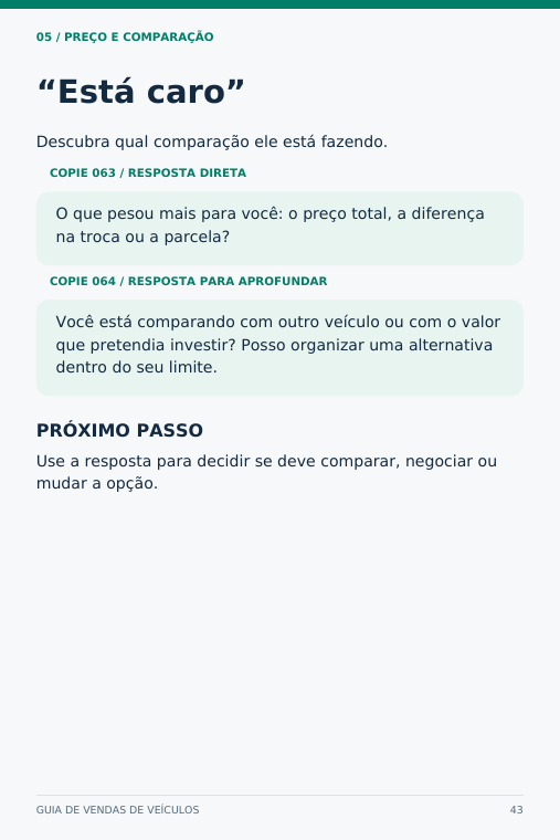 Página do guia: Está caro, com duas mensagens prontas e próximo passo